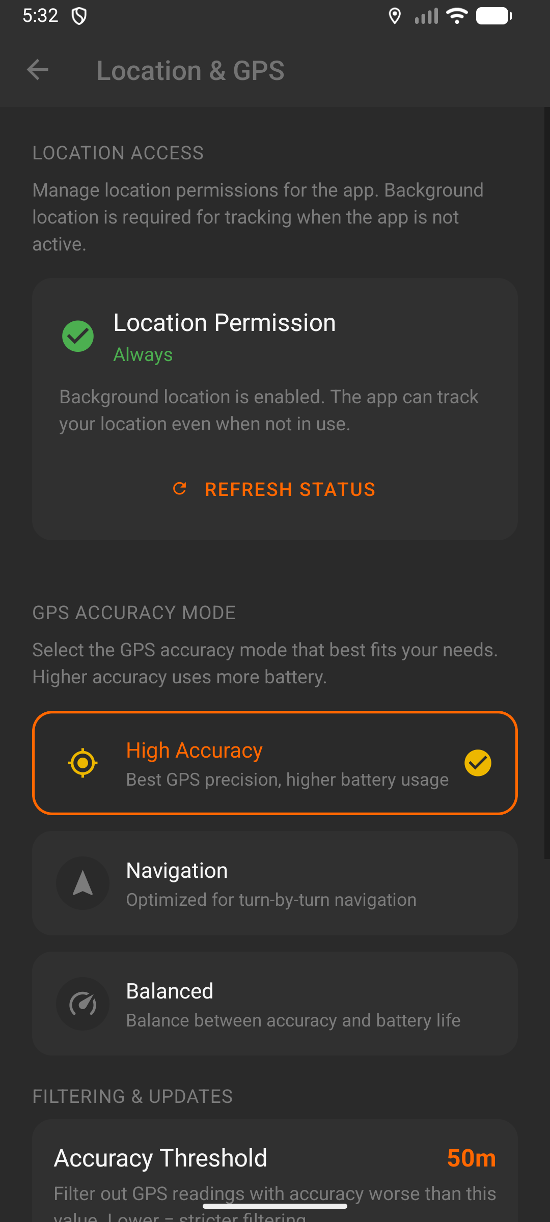 Location & GPS settings - High accuracy tracking and filtering