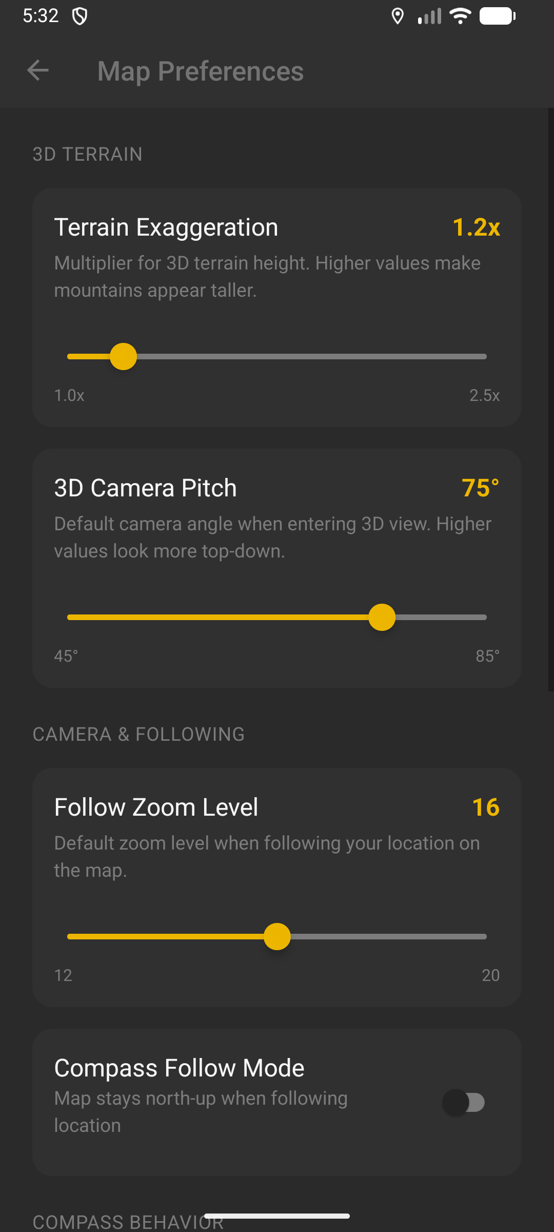 Map preferences - 3D terrain, camera pitch, and zoom settings