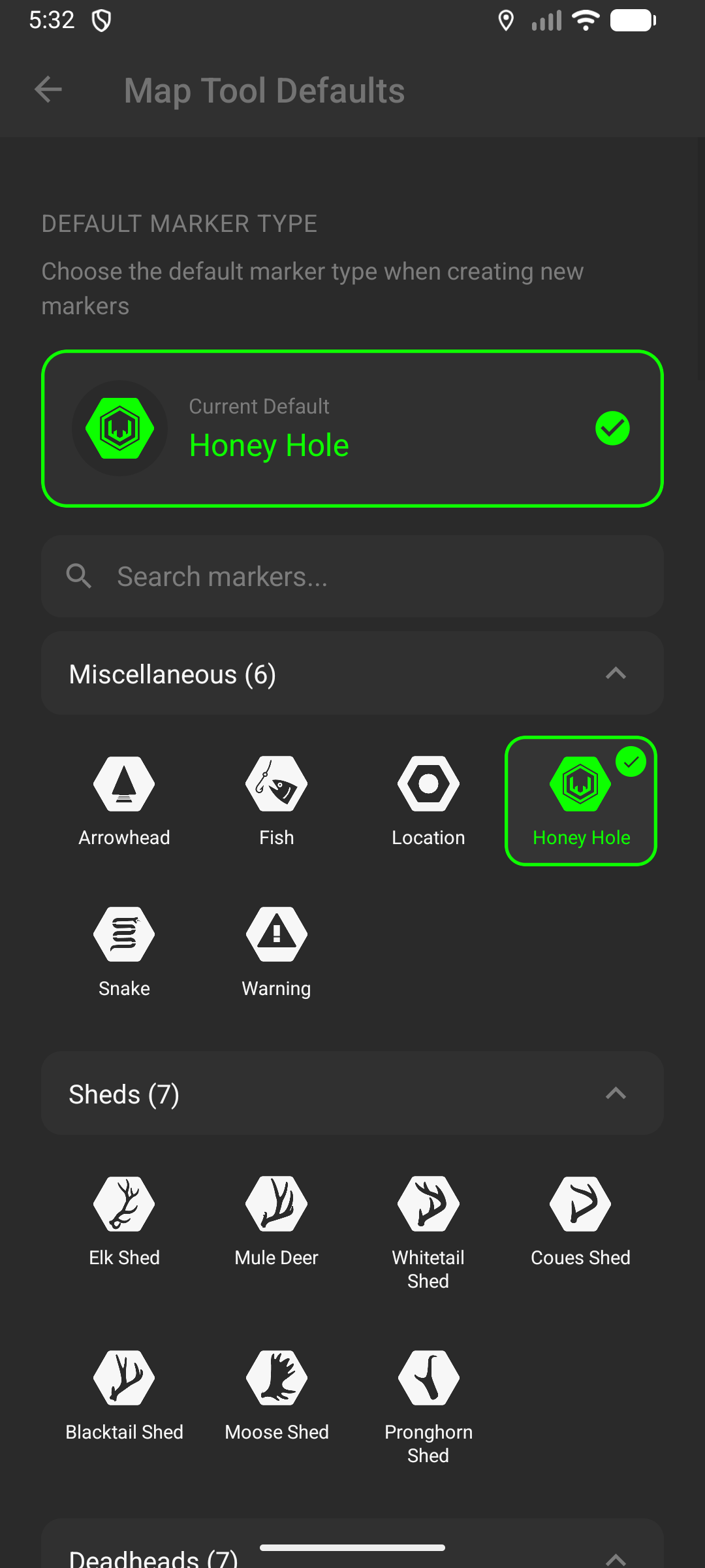 Map tool defaults - Choose default marker types for sheds and game