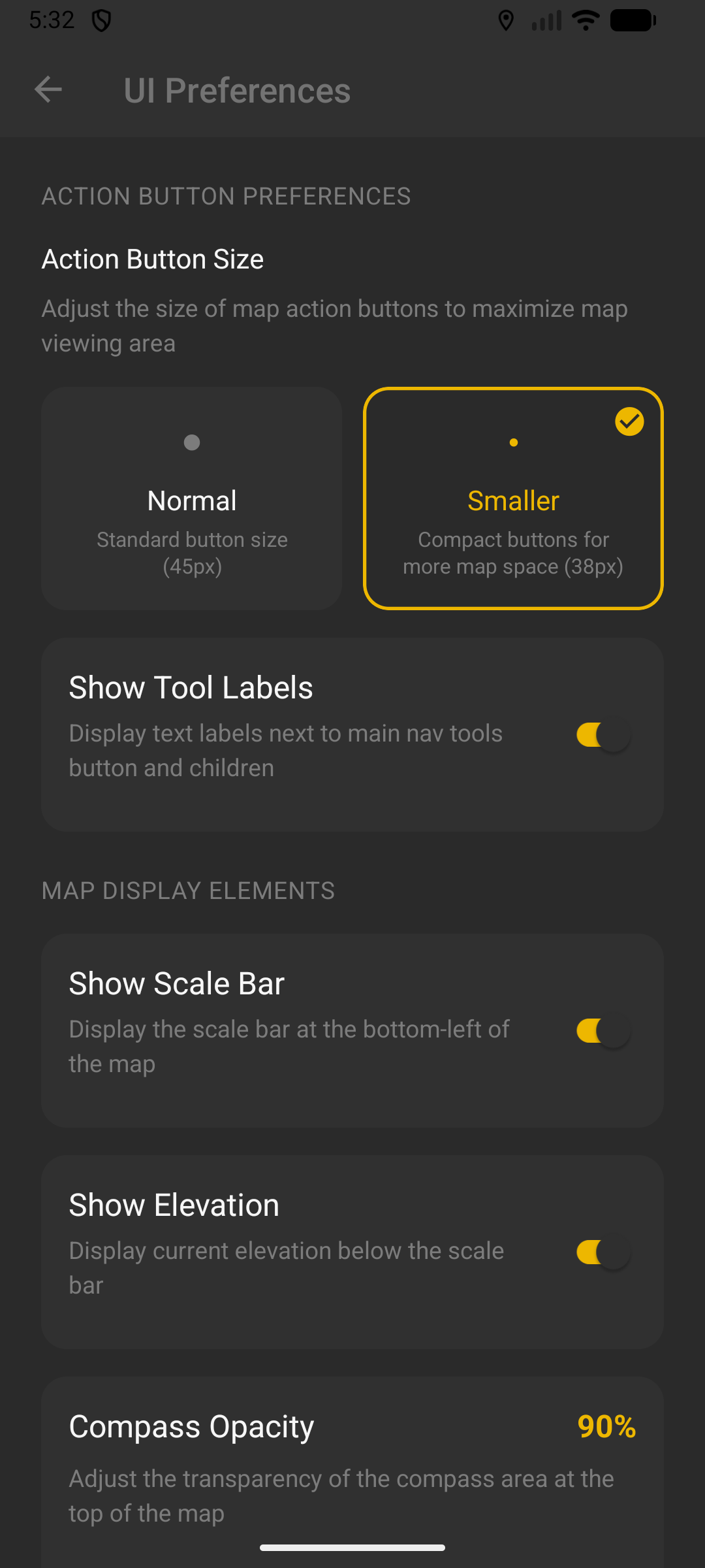 UI preferences - Action button size, scale bar, and elevation display